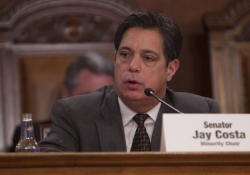 Senate Democratic Leader Jay Costa, D-Allegheny, questions Pennsylvania emergency management officials about the state&#039;s response to Snow Storm Jonas during a special joint hearing of the Transportation and Veterans Affairs and Emergency Preparedness Committee in Harrisburg, Martes, Feb. 16, 2016.