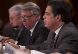 Senate Democratic Leader Jay Costa, D-Allegheny, questions Pennsylvania emergency management officials about the state&#039;s response to Snow Storm Jonas during a special joint hearing of the Transportation and Veterans Affairs and Emergency Preparedness Committee in Harrisburg, Martes, Feb. 16, 2016.