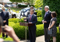 May 9, 2019: Senator Jay Costa joins fellow members of the Pennsylvania House and Senate outside the Tree of Life Synagogue in the Squirrel Hill neighborhood of Pittsburgh to announce plans for legislation that will address hate crimes.