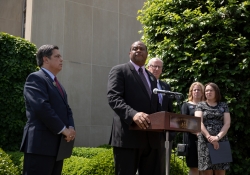 May 9, 2019: Senator Jay Costa joins fellow members of the Pennsylvania House and Senate outside the Tree of Life Synagogue in the Squirrel Hill neighborhood of Pittsburgh to announce plans for legislation that will address hate crimes.