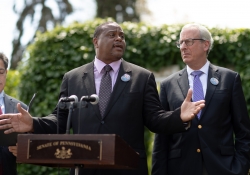 May 9, 2019: Senator Jay Costa joins fellow members of the Pennsylvania House and Senate outside the Tree of Life Synagogue in the Squirrel Hill neighborhood of Pittsburgh to announce plans for legislation that will address hate crimes.