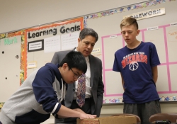 May 14, 2019: Senator Costa visits with teachers and students during his tour of Riverview Junior Senior High School in Oakmont.
