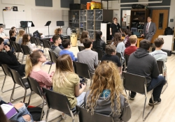 May 14, 2019: Senator Costa visits with teachers and students during his tour of Riverview Junior Senior High School in Oakmont.