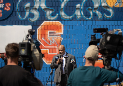 April 6, 2021:  Senator Costa joins members of the community at Quarry Field to condemn the horrible racist graffiti that was sprayed around the park.