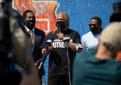 April 6, 2021:  Senator Costa joins members of the community at Quarry Field to condemn the horrible racist graffiti that was sprayed around the park.
