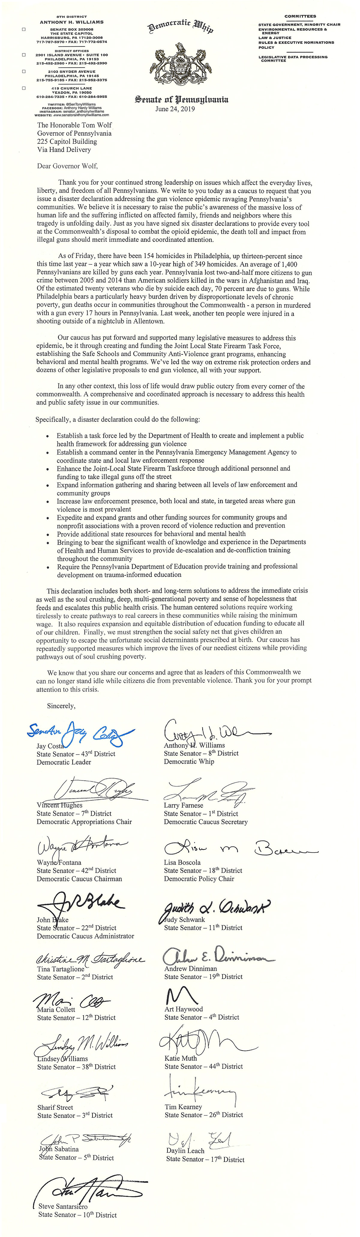 Members of Pa Senate Democratic Caucus Request Disaster Declaration on Gun Violence