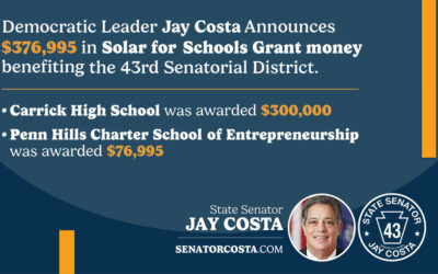 Senate Democratic Leader Jay Costa Announces Two Solar for Schools Grant Recipients in the 43rd Senatorial District