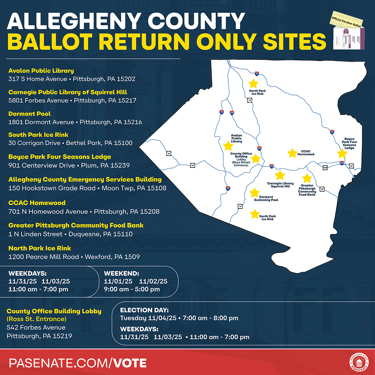 Upcoming Ballot Return and Satellite Voting Sites<br />
