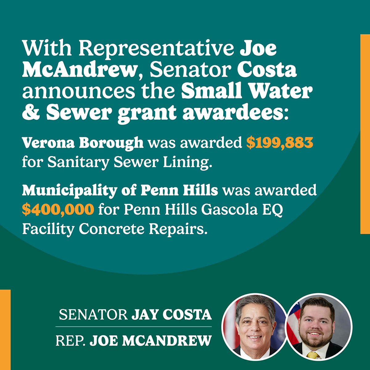 Senate Democratic Leader Jay Costa, Allegheny County Representatives Announce Grant Awards from Small Water and Sewer Program