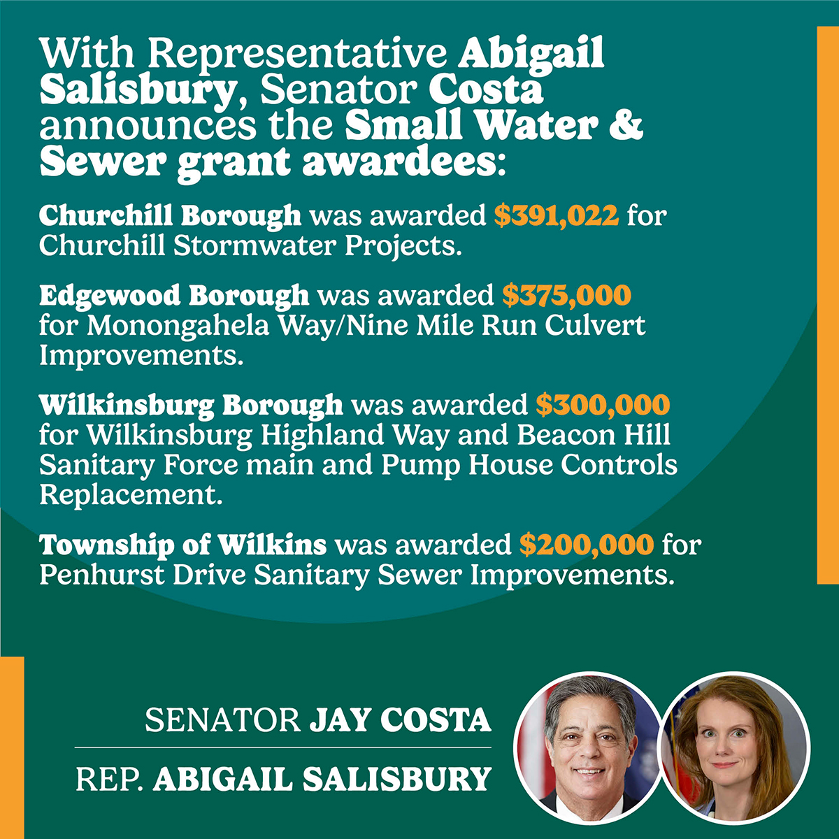  Senate Democratic Leader Jay Costa, Allegheny County Representatives Announce Grant Awards from Small Water and Sewer Program