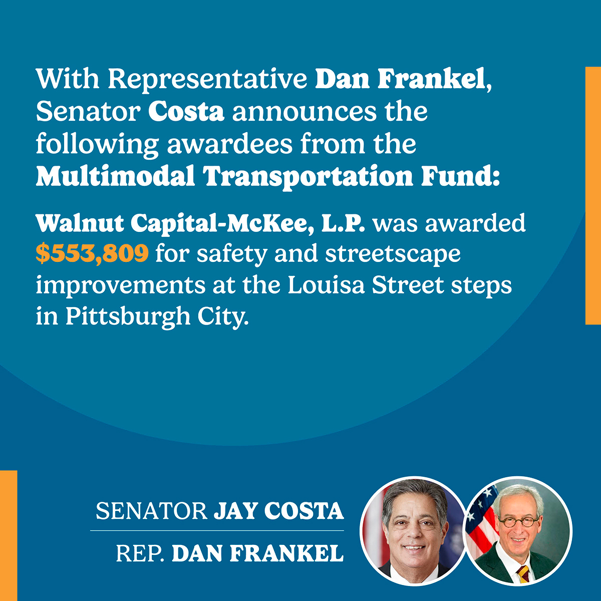 Senate Democratic Leader Jay Costa, Allegheny County Representatives Announce Grant Awards from the Multimodal Transportation Fund