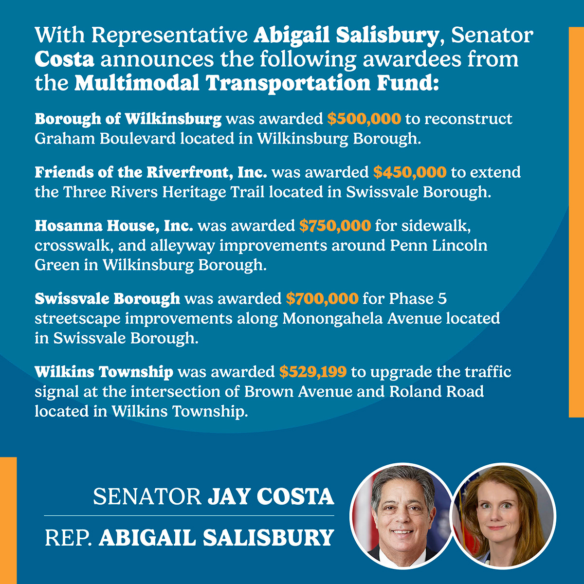 Senate Democratic Leader Jay Costa, Allegheny County Representatives Announce Grant Awards from the Multimodal Transportation Fund