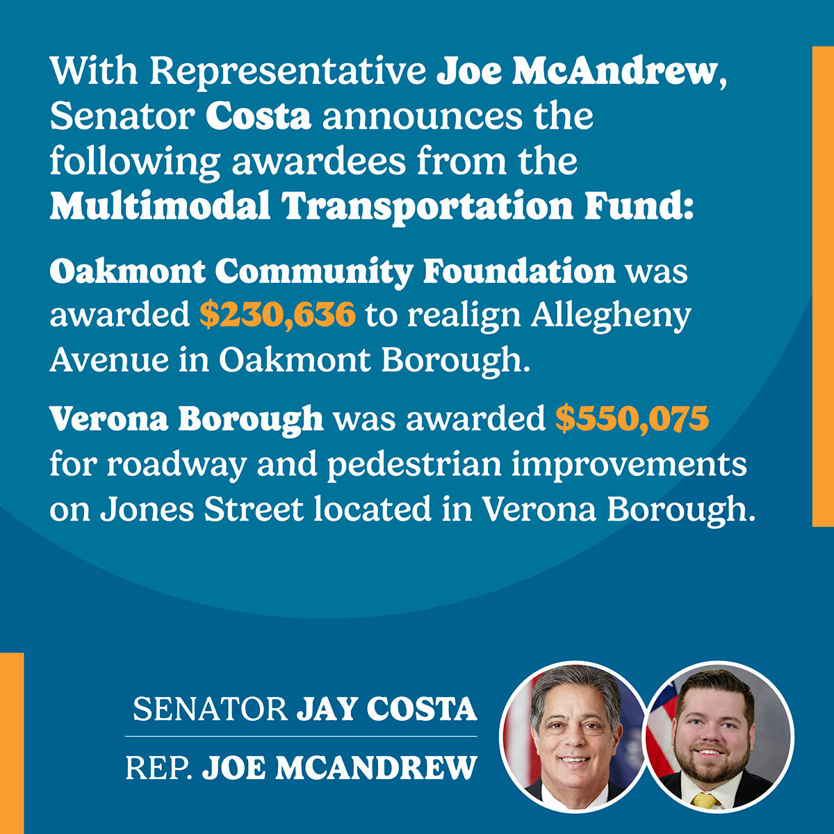 Senate Democratic Leader Jay Costa, Allegheny County Representatives Announce Grant Awards from the Multimodal Transportation Fund