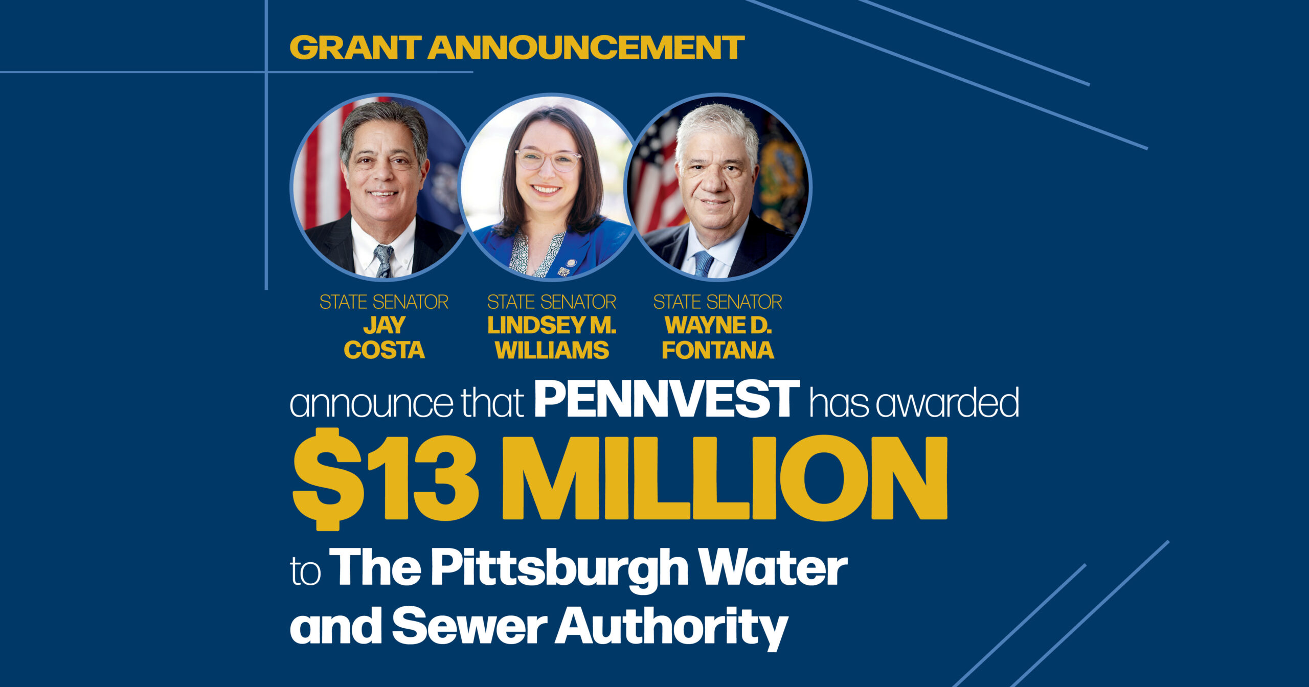 Senators Jay Costa, Lindsey Williams, and Wayne Fontana Announce over $13 Million in PENNVEST Funding for Allegheny County